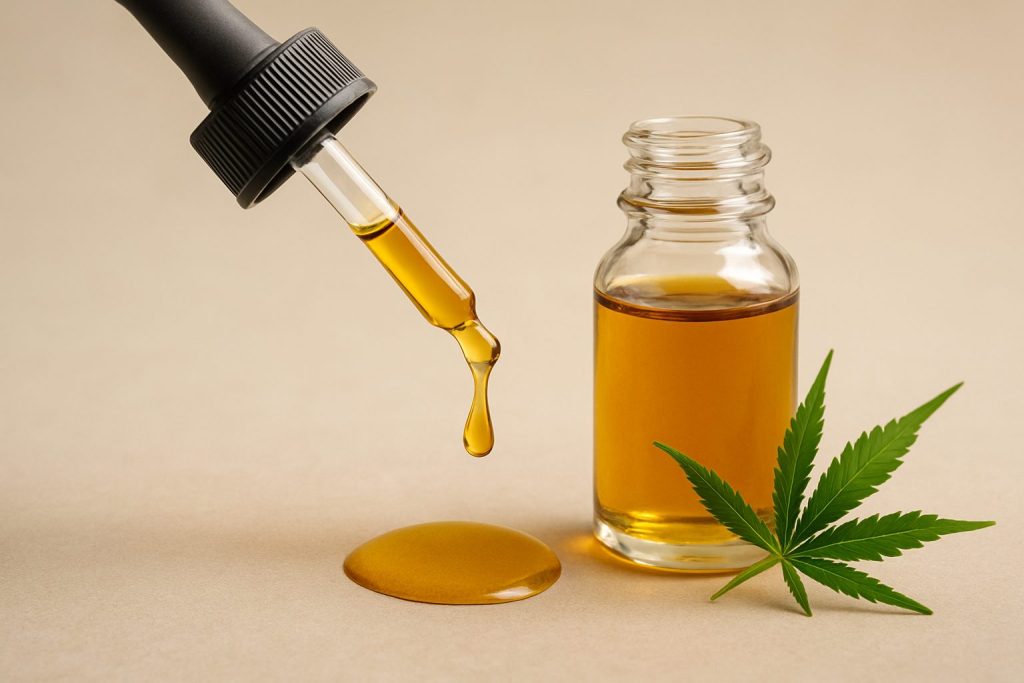 A dropper with cannabis oil above a glass bottle and a cannabis leaf on a neutral background.