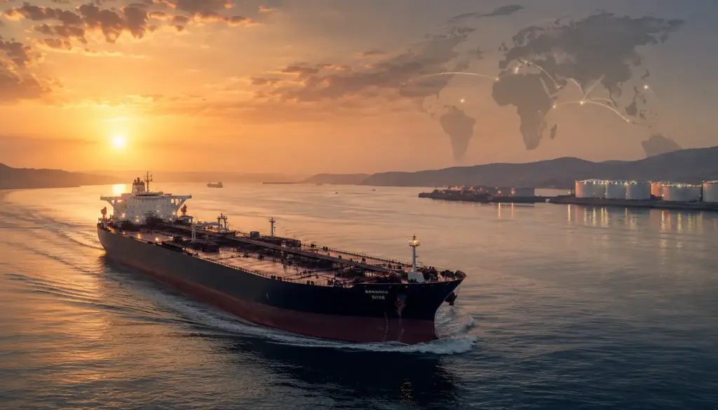 A large cargo ship sailing on a tranquil sea at sunset with a world map overlay in the background
